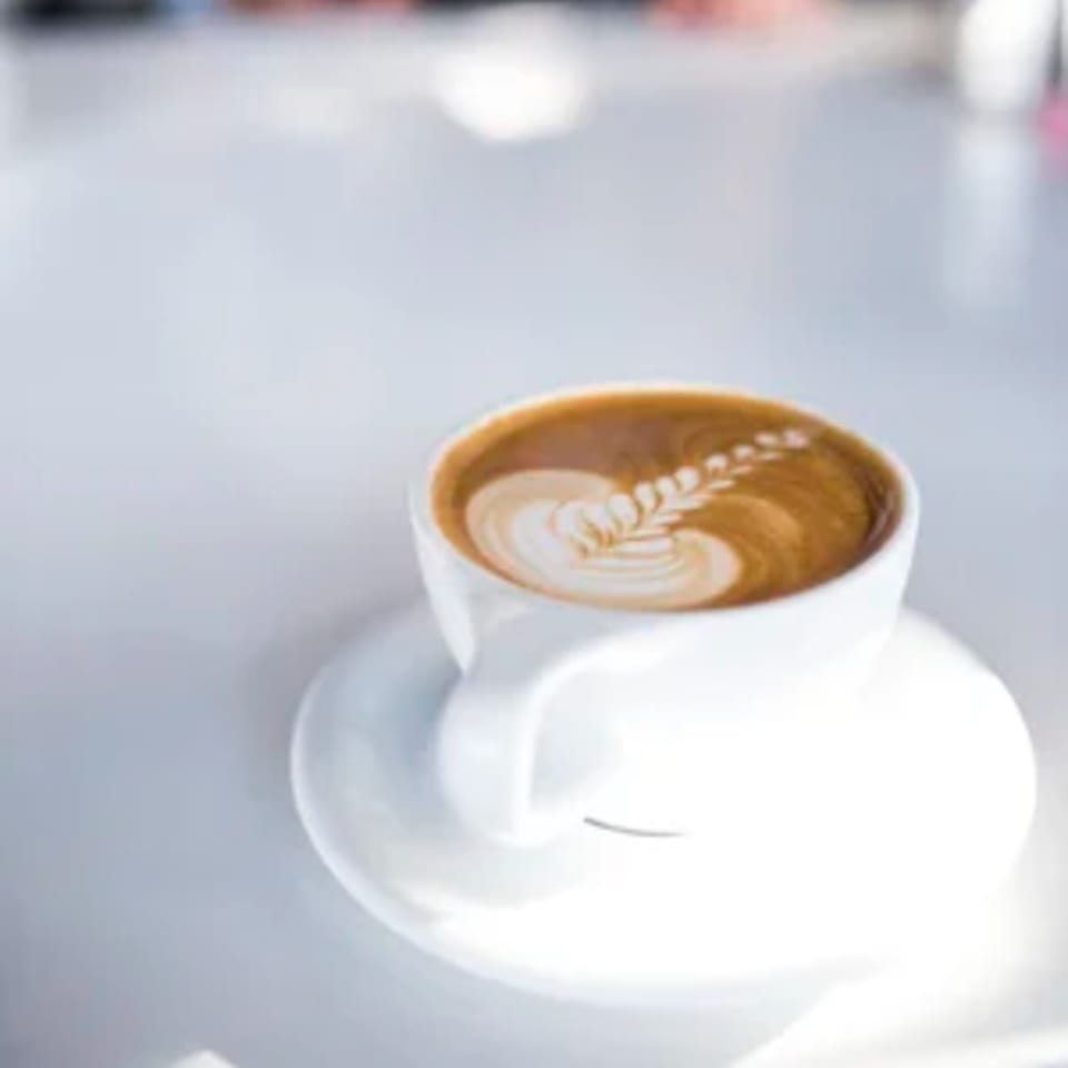 A white cup of latte with intricate leaf-shaped latte art sits on a white saucer.